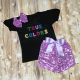 Trolls True Colors Glitter Birthday Outfit Ruffle Raglan Bubble Tee Shirt with Sequin Shorts  Girl Baby Toddler Shirt