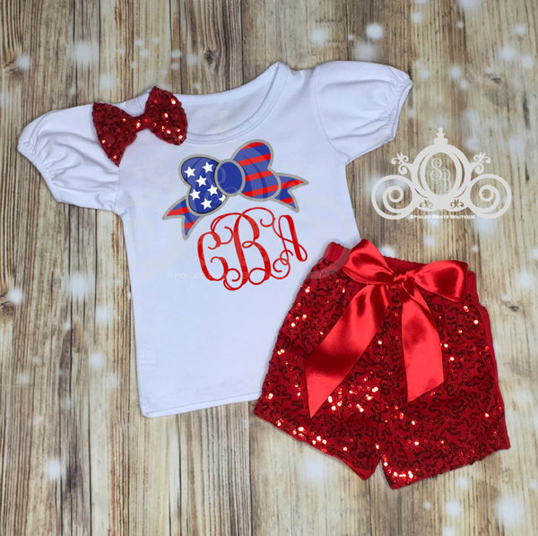 American Flag Bow Monogram Outfit, Girls Bubble Sleeve Shirt w Sequin Shorts and Leg Warmers, Fourth of July, 4th of July Shirt