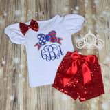 American Flag Bow Monogram Outfit, Girls Bubble Sleeve Shirt w Sequin Shorts and Leg Warmers, Fourth of July, 4th of July Shirt