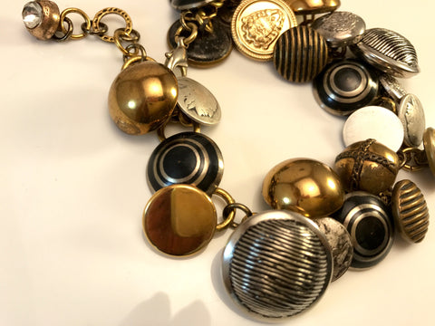Vintage Metal Button Bracelet, Antique Metal Buttons, Locomotive Train Button, Mixed Metal, Gold & Silver 8" Bracelet, 2" Extender, MMB327