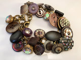 Vintage Rhinestone Button Charm Bracelet, Mother of Pearl Buttons, Metal Rhinestone Buttons, 8" Bracelet, 2" Extender, Antique Buttons