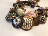 Vintage Rhinestone Button Charm Bracelet, Mother of Pearl Buttons, Metal Rhinestone Buttons, 8" Bracelet, 2" Extender, Antique Buttons