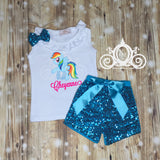 My Little Pony Rainbow Dash Birthday Outfit, Bubble Tee with Sequin Shorts, Personalized Monogram with Name and Age