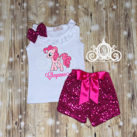 My Little Pony Birthday Outfit, Ruffle Raglan with Sequin Shorts, Personalized Monogram with Name and Age