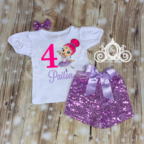 Shimmer Ballerina Birthday Outfit, Bubble Tee with Sequin Shorts, Personalized Monogram with Name and Age