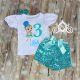 Shine Ballerina Birthday Outfit, Bubble Tee with Sequin Shorts, Personalized Monogram with Name and Age