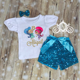 Shimmer & Shine Genie Birthday Outfit, Bubble Tee with Sequin Shorts, Personalized Monogram with Name and Age