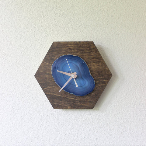 8" Blue Agate Hex Wood Wall Clock (Silent)