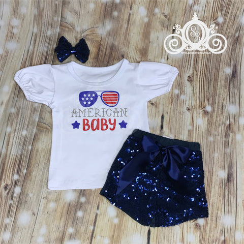 American Baby Outfit, Shirt w Sequin Shorts, Fourth of July, 4th of July Shirt