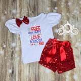 Girls Fourth of July Shirt, Kids 4th of July, Free Because Someone I Love Fought for Me Outfit, Girls Shirt w Sequin Shorts