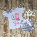 Peppa Pig Birthday Shirt, Bubble Tee with Pink Sequin Shorts, Personalized Monogram with Name and Age