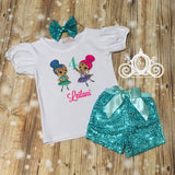 Shimmer & Shine Ballerina Birthday Outfit, Bubble Tee with Sequin Shorts, Personalized Monogram with Name and Age