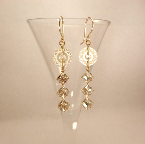 Vintage White Button Earrings, Carved Mother of Pearl Buttons, MOP Earrings, Triple Rhinestone Drops, Hand Made Gold Filled Ear Wires