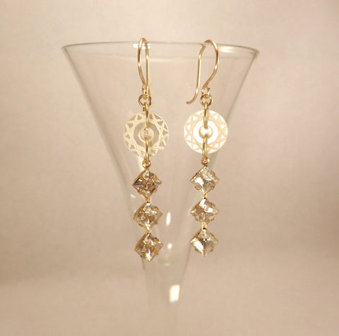 Vintage White Button Earrings, Carved Mother of Pearl Buttons, MOP Earrings, Triple Rhinestone Drops, Hand Made Gold Filled Ear Wires