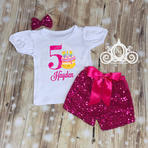 Shopkins Birthday Shirt, Cake Birthday Shirt, Shopkins Outfit with Sequin Pants, Personalized with Name and Age