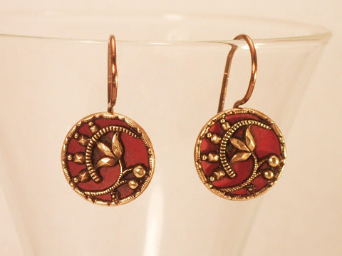 Brass Button Earrings, Vintage Metal Buttons, Red & Gold Flower Design, Handmade Brass Ear Wires, Art Deco Earrings, Steel Cut Buttons