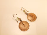 Vintage Pressed Depression Glass Button Earrings, Golden Brown Clear Glass Buttons, Green Fire Polished Beads, Antique Brass Ear Wires