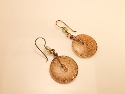 Vintage Pressed Depression Glass Button Earrings, Golden Brown Clear Glass Buttons, Green Fire Polished Beads, Antique Brass Ear Wires