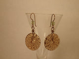Vintage Pressed Depression Glass Button Earrings, Golden Brown Clear Glass Buttons, Green Fire Polished Beads, Antique Brass Ear Wires