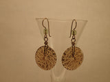 Vintage Pressed Depression Glass Button Earrings, Golden Brown Clear Glass Buttons, Green Fire Polished Beads, Antique Brass Ear Wires