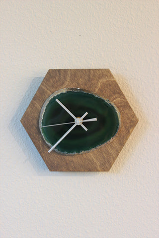 8" Green Agate Hex Wood Wall Clock (Silent)