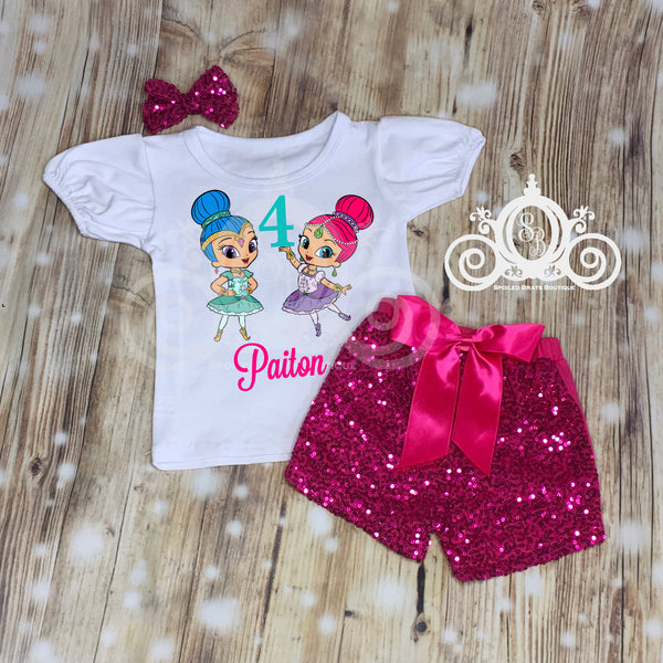 Shimmer & Shine Ballerina Birthday Outfit, Bubble Tee with Sequin Shorts, Personalized Monogram with Name and Age