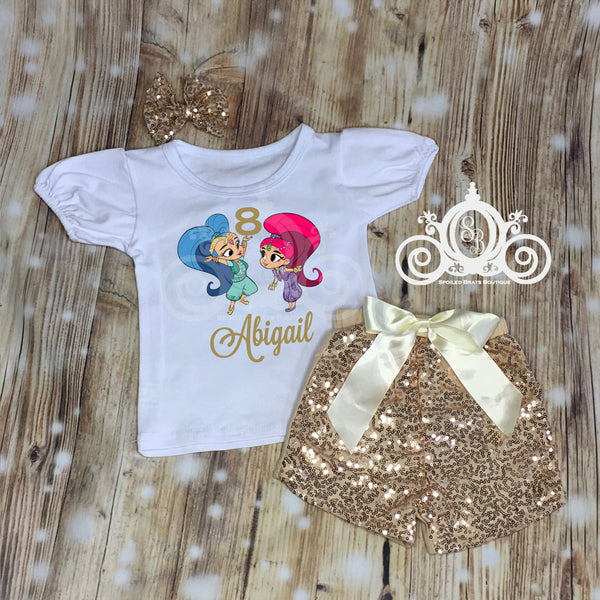 Shimmer & Shine Genie Birthday Outfit, Bubble Tee with Sequin Shorts, Personalized Monogram with Name and Age