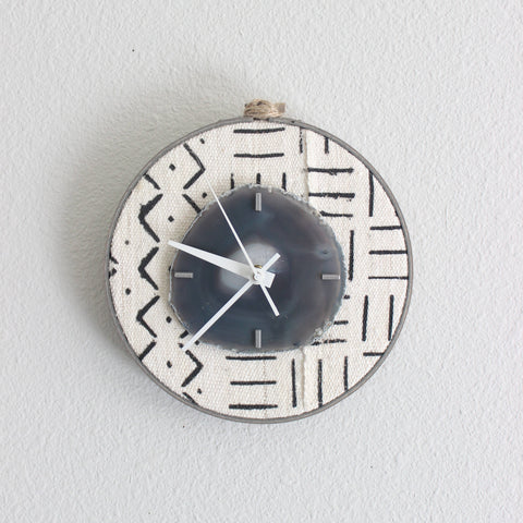 8" Textile Mudcloth  Gray Agate Wall Clock