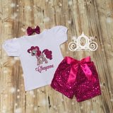 My Little Pony Birthday Outfit, Ruffle Raglan with Sequin Shorts, Personalized Monogram with Name and Age