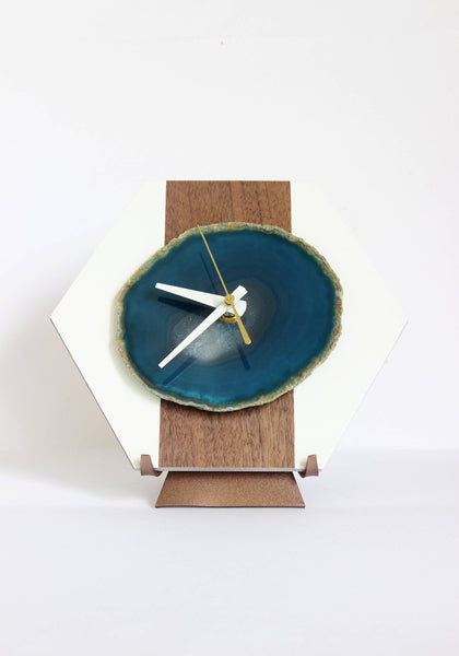 8" Teal Agate Wood Desk Clock