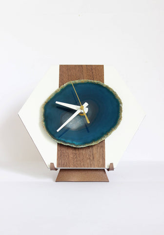 8" Teal Agate Wood Desk Clock
