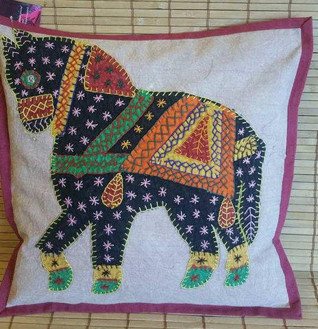 Horse embroidery cushion covers, ethnic pillow, decorative pillow, boho bedroom decor, Bohemian decoration, Stone wash cotton, Patch work