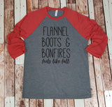 Feels Like Fall Baseball Tee - Flannel, Boots & Bonfires - Unisex Thanksgiving Christmas Shirt