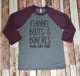 Feels Like Fall Baseball Tee - Flannel, Boots & Bonfires - Unisex Thanksgiving Christmas Shirt