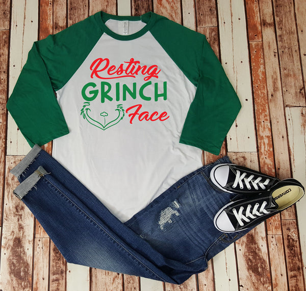Resting Grinch Face Baseball Tee - Christmas Shirt - Shirt For Her - Funny Christmas Shirt