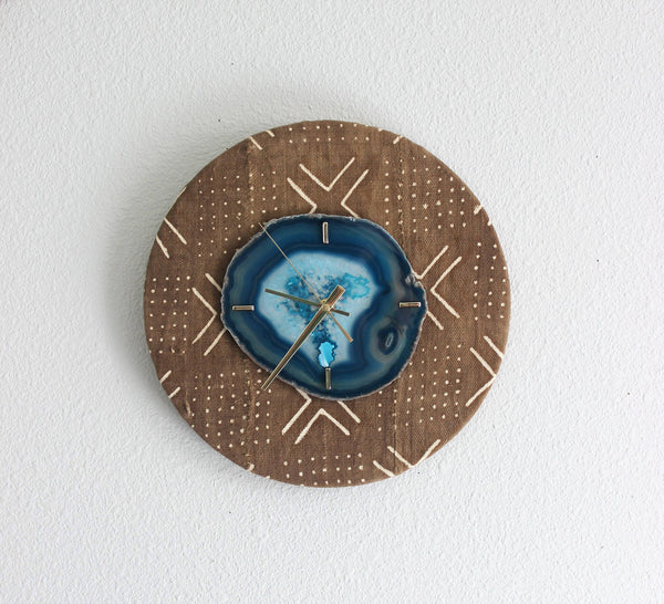 12"  Textile Mudcloth Teal Agate Wall Clock