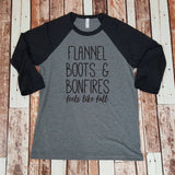 Feels Like Fall Baseball Tee - Flannel, Boots & Bonfires - Unisex Thanksgiving Christmas Shirt
