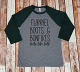 Feels Like Fall Baseball Tee - Flannel, Boots & Bonfires - Unisex Thanksgiving Christmas Shirt