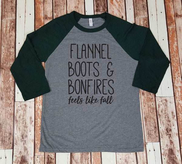 Feels Like Fall Baseball Tee - Flannel, Boots & Bonfires - Unisex Thanksgiving Christmas Shirt