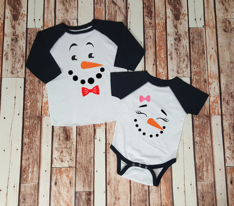 Kids Set - Little Boy or Girl Snowman Face Baby Bodysuit - Winter - Christmas Gift