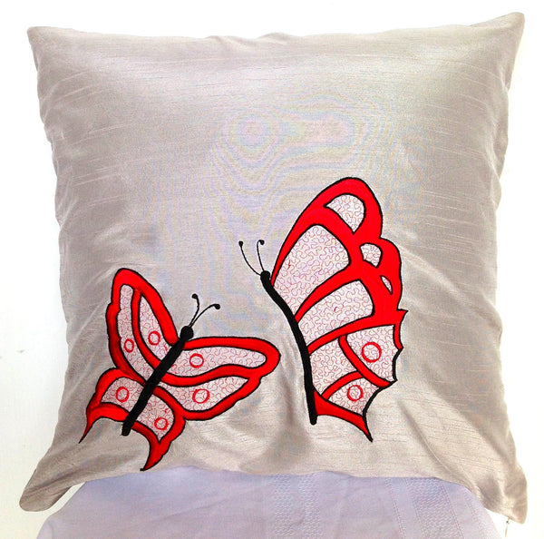 50% OFF Sale Free shipping Grey Decorative Throw Pillow cover 18"X18" Red and Black Embroidered Butterfly on Ash Dupioni Silk Mate