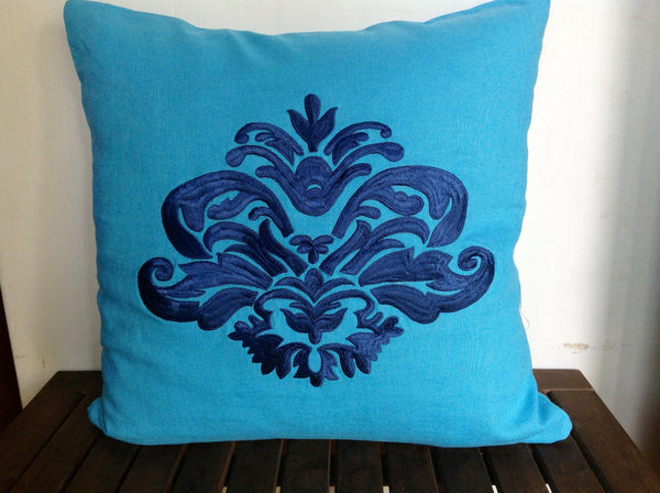 50% OFF Sale Blue Linen Pillows, Damask Pillow Cover,  Embroidery Throw Pillow Cover, 18 x 18 Pillow Case, Accent Pillow Blue