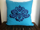 50% OFF Sale Blue Linen Pillows, Damask Pillow Cover,  Embroidery Throw Pillow Cover, 18 x 18 Pillow Case, Accent Pillow Blue