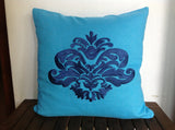 50% OFF Sale Blue Linen Pillows, Damask Pillow Cover,  Embroidery Throw Pillow Cover, 18 x 18 Pillow Case, Accent Pillow Blue