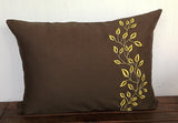 Nice housewarming gifts, Brown Linen Pillow Cover, Decorative Brown 12" x 16", Dark Brown Linen with Yellow Embroidery