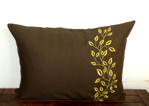 Nice housewarming gifts, Brown Linen Pillow Cover, Decorative Brown 12" x 16", Dark Brown Linen with Yellow Embroidery