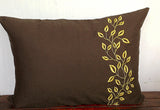 Nice housewarming gifts, Brown Linen Pillow Cover, Decorative Brown 12" x 16", Dark Brown Linen with Yellow Embroidery