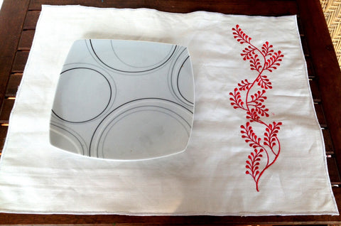 Embroidered Placemats, Embroidered Table Tops, Embroidered Red Leaf Embroidered Set of 4, off white placemat