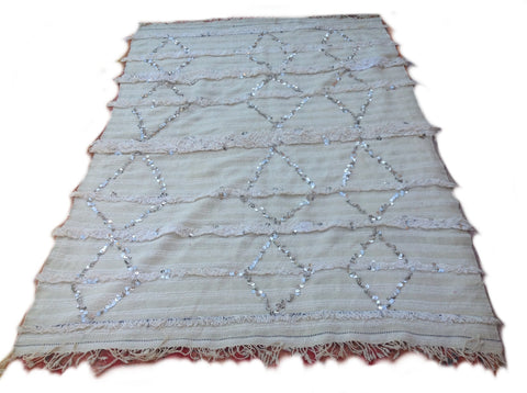 HANDIRA. Vintage Moroccan Rug. Wool Wedding Quilt Blanket. Tribal Sequins + Modern Design.
