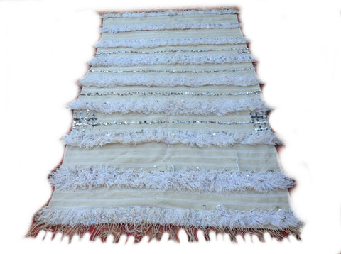 HANDIRA. Vintage Moroccan Rug. Wool Wedding Quilt Blanket. Tribal Sequins + Modern Design.